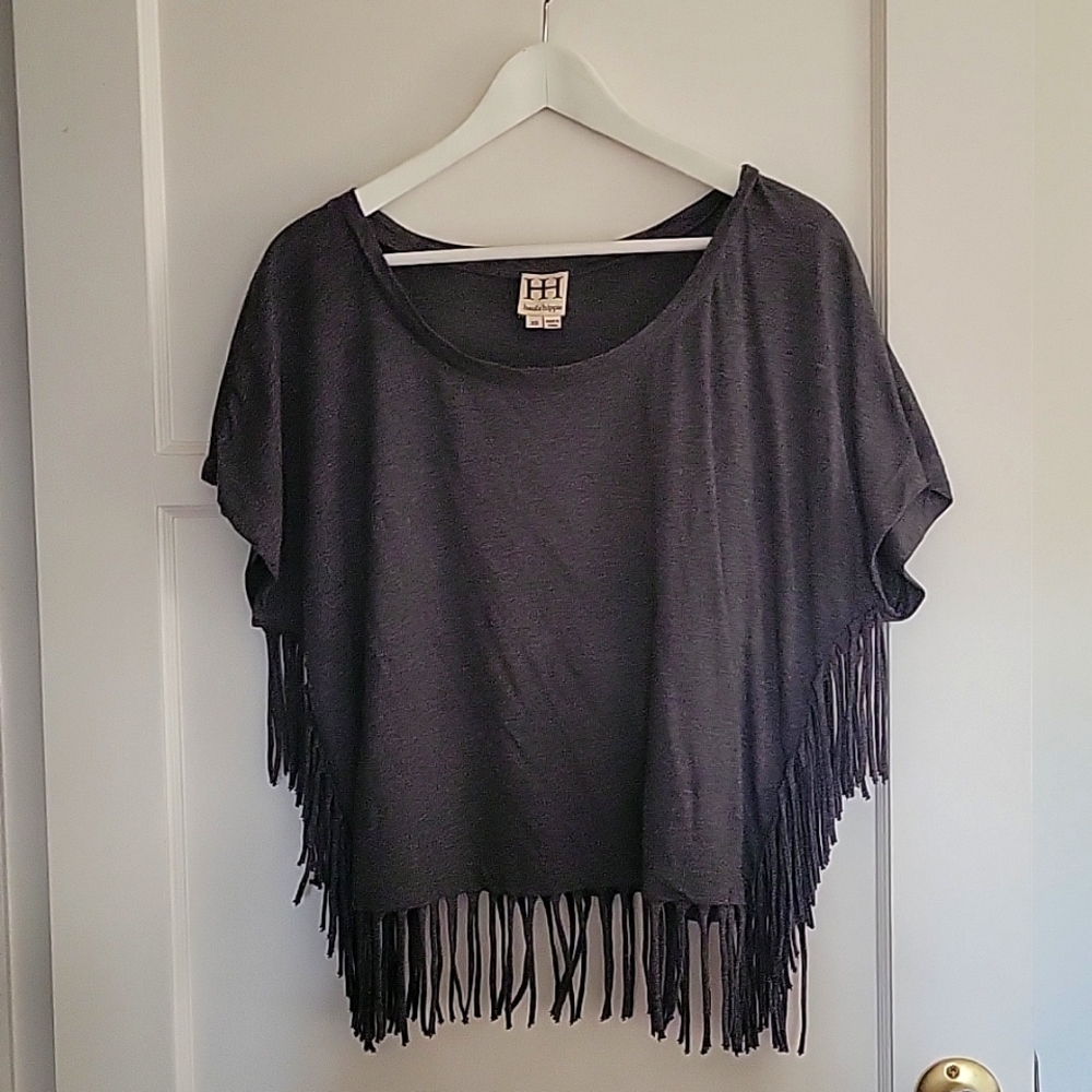 Haute Hippie Short Sleeve Top with fringe Grey 💯 Cotton. XS Relaxed fit.